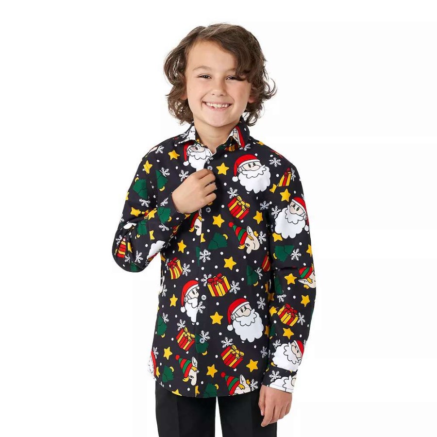 Tops * | Boys 6-16 Suitmeister Christmas Santa Elves Button-Up Shirt