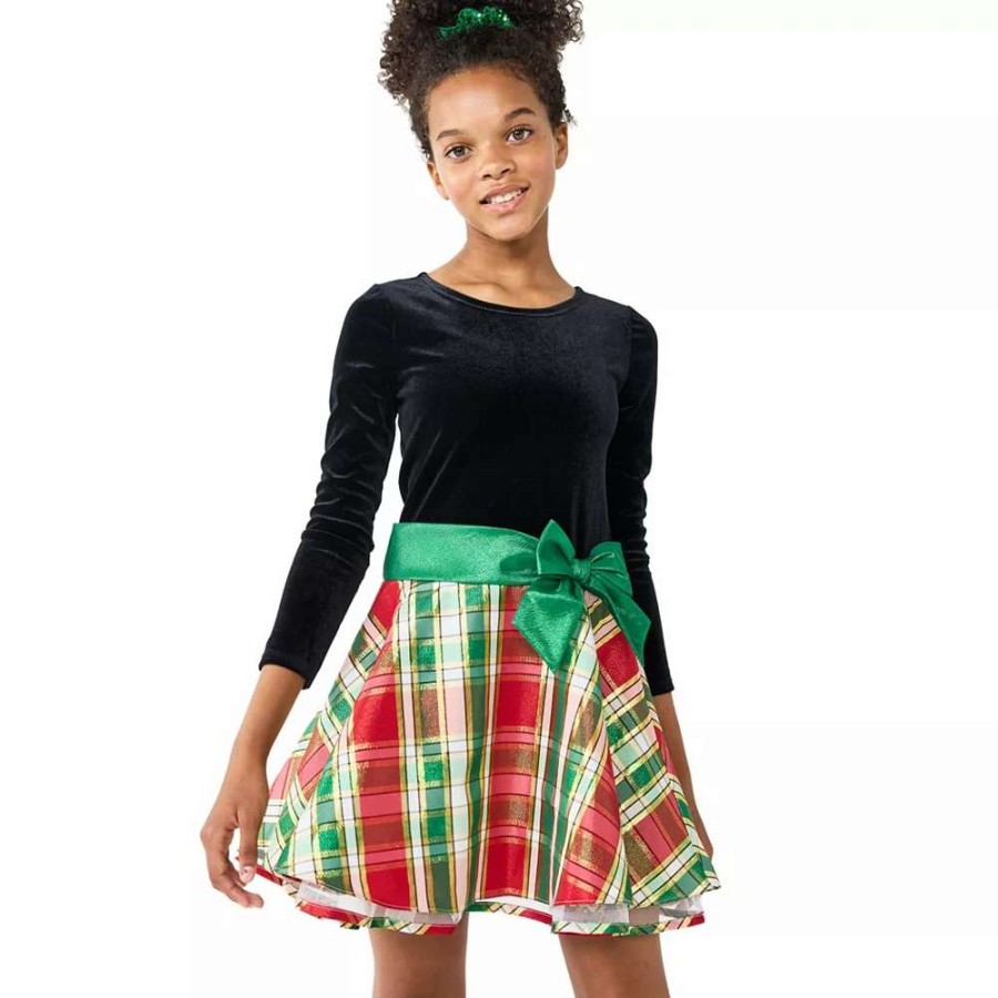 Dresses * | Girls 7-20 Bonnie Jean Velvet & Plaid Holiday Dress In Regular & Plus