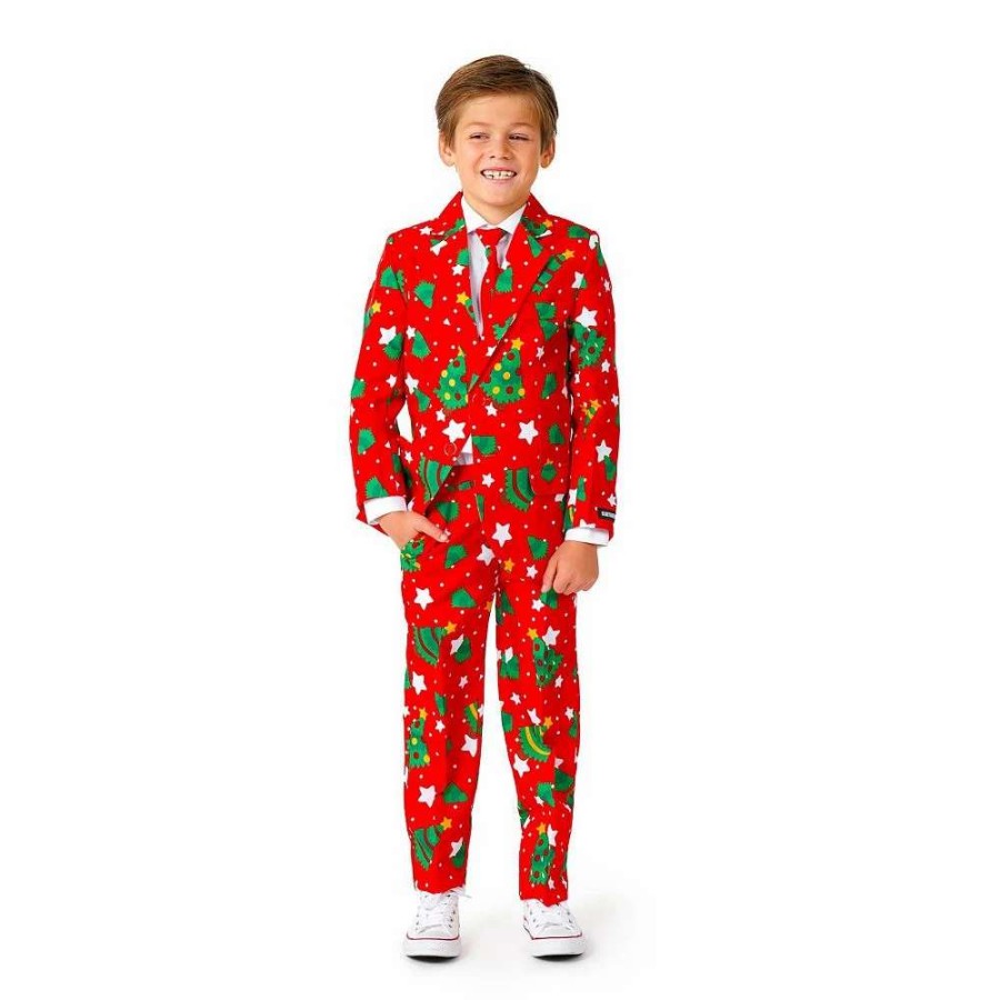 Clothing Sets * | Boys 4-16 Suitmeister Christmas Tree Red Jacket, Pants & Tie Suit Set