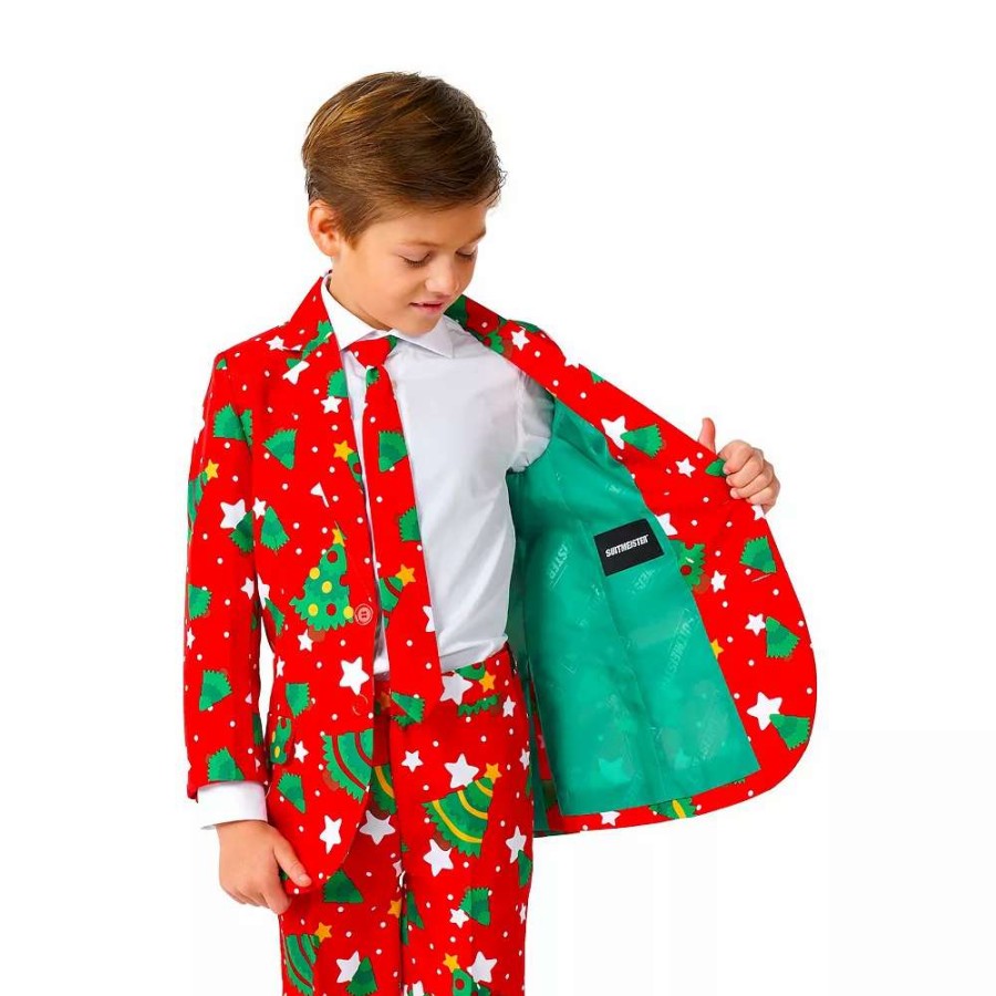 Clothing Sets * | Boys 4-16 Suitmeister Christmas Tree Red Jacket, Pants & Tie Suit Set