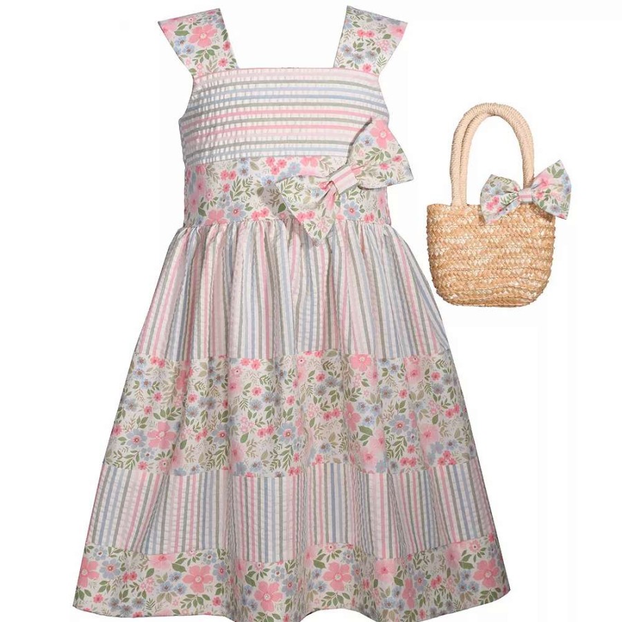 Dresses * | Girls 4-6X Bonnie Jean Mixed Stripe Bag & Dress Set