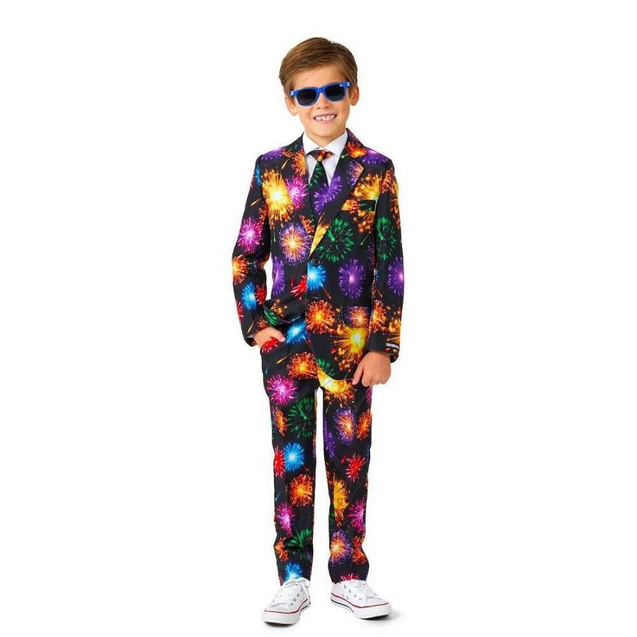 Clothing Sets * | Boys 4-16 Suitmeister Fireworks Black New Year'S Party Jacket, Pants & Tie Suit Set